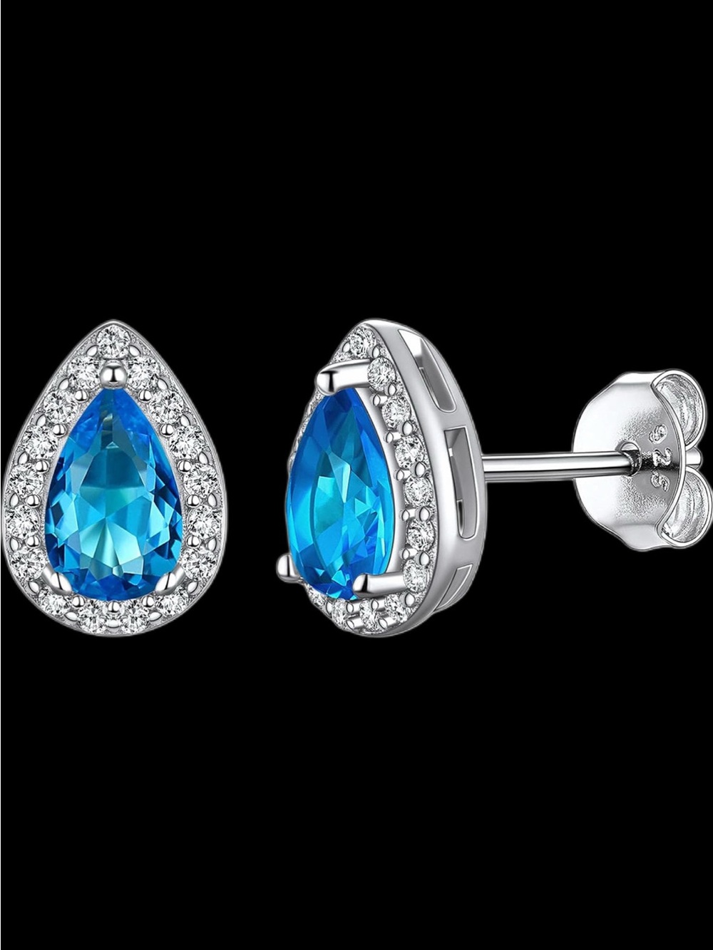 925 Silver Teardrop Blue Topaz (lab created) Stud Earrings